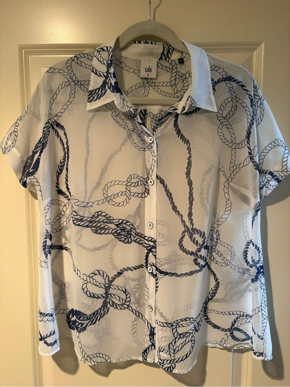 CAbi White Short-Sleeve Button-Up Shirt with Blue Rope Print